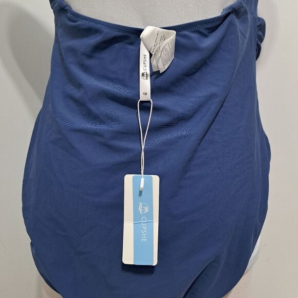 Cupshe Bianca Plunge Halter One Piece Ruched Swimsuit Dusty Blue 1x NWT - Picture 11 of 15